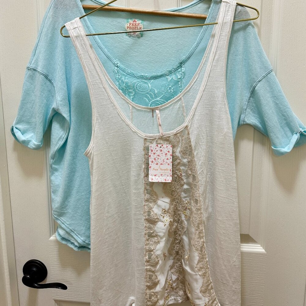 Bundle (2) Free People Cotton Oversized Tees + Tank Top Women's Size XS Boho